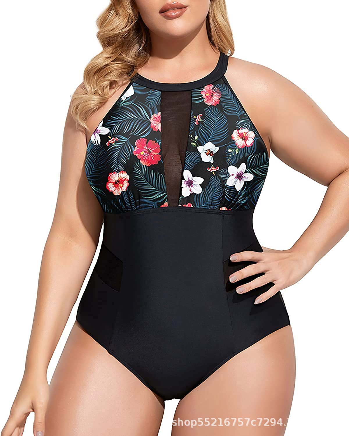 Women Plus Size One Piece Swimsuit High Neck Plunge Mesh Cut Out Bathing Suits